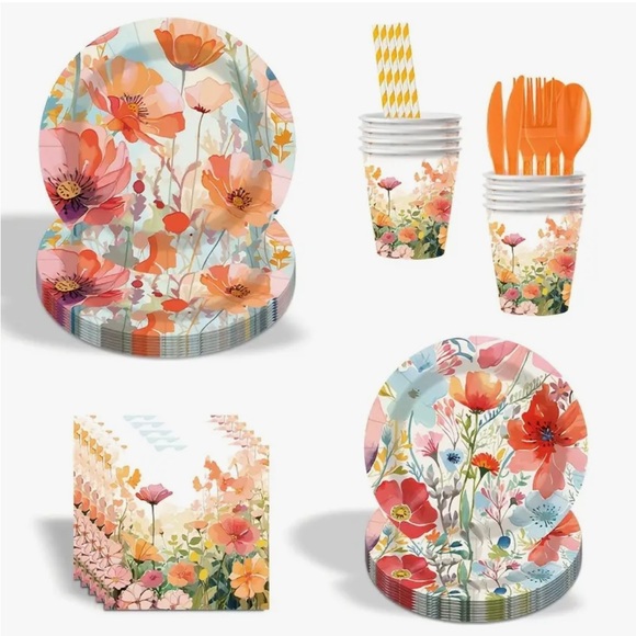 80-pc Vibrant Peachy Salmon Paper Tableware Party - Set for 10 - Picture 1 of 6